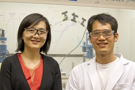 Associate Professor Yang Shao-Horn, left, and graduate student Jin Suntivich, co-authors of <i>Nature Chemistry</i> paper.