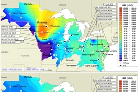 A 'heat map' depicting the rates charged by electricity producers on the Eastern seaboard and across the Midwest — in which colors at the red end of the spectrum represent high prices and colors at the blue end low prices — demonstrates how drastically the wholesale-energy market can change in as little as five minutes