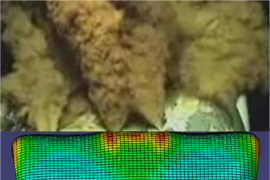 MIT researchers found a near-perfect match between their pipeline fracture simulation (bottom) and an image of the Deepwater Horizon's ruptured pipeline taken by an underwater robot. 