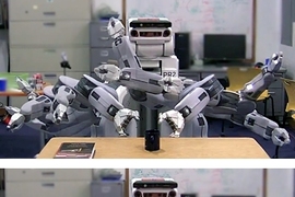 In these time-lapse photos, a robot is guided by two different algorithms as it attempts to grasp a coffee cup on a desk. In the first (top), the robot flails about randomly before reaching toward the cup. But when it runs a new algorithm designed by MIT researchers (bottom), its movements are much more efficient and predictable.