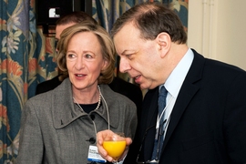 MIT hosted a breakfast discussion about neuroscience during the Annual meeting of the World Economic Forum in Davos. Here, MIT President Susan Hockfield speaks with Philip Campbell, Editor in Chief of <i>Nature</i>, at the breakfast.