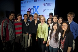 Harvard President Drew Faust, left center, and MIT President Susan Hockfield with students from both universities.