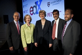 (From left) MIT's provost L. Rafael Reif and president Susan Hockfield with Harvard President Drew Faust, edX President Anant Agarwal and Harvard Provost Alan Garber.