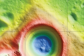 Topography of Shackleton crater at the lunar south pole from the Lunar Orbiter Laser Altimeter.  Shackleton is 21 kilometers (12.5 miles) in diameter and 4.1 kilometers (2.6 miles) deep. Over 5.6 million measurements of elevation are included in the model. The spatial resolution of the topography is 10 meters (33 feet) and the radial accuracy is <1 m (3 feet).