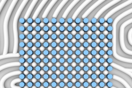 An artist's representation of the structures produced by this self-assembly method shows a top-down view, with the posts produced by electron-beam lithography shown in blue, and the resulting self-assembled shapes shown in white.