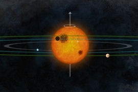 In this artist interpretation, the planet Kepler-30c is transiting one of the large starspots that frequently appear on the surface of its host star. The authors used these spot-crossing events to show that the orbits of the three planets (color lines) are aligned with the rotation of the star (curly white arrow).