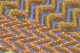 Images taken with a 3-D microscope show wrinkled surfaces produced using a method developed by the MIT team. The size, spacing and angles of the wrinkles vary depending on how much the original underlying surface was stretched, and how the stretching was released.