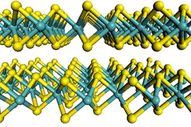 Diagram shows the flat-sheet structure of the material used by the MIT team, molybdenum disulfide. Molybdenum atoms are shown in teal, and sulfur atoms in yellow.