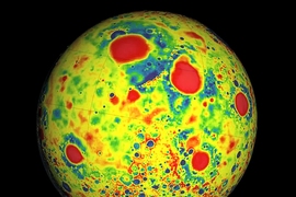 This illustration shows the variations in the lunar gravity field as measured by the Gravity Recovery and Interior Laboratory (GRAIL). Red corresponds to mass excesses and blue corresponds to mass deficiencies.