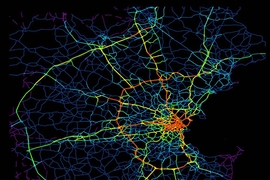 The color of the road segments in this image represents the number of neighborhoods that are major sources of drivers for that segment. Red is more than 100, yellow is 61 to 100, green is 41 to 60, dark blue is 1 to 20 and purple is none.