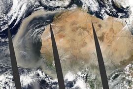An immense dust storm over central Africa is seen in images taken during consecutive overpasses of NASA's Aqua satellite. The dust appears thickest to the right of center, in a region known as the Bodele Depression, once the location of a large lake. Now the region is one of the largest sources of wind-blown dust on Earth.