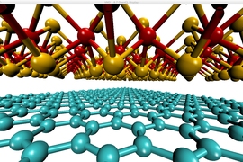 The MIT team found that an effective solar cell could be made from a stack of two one-molecule-thick materials: Graphene (a one-atom-thick sheet of carbon atoms, shown at bottom in blue) and molybdenum disulfide (above, with molybdenum atoms shown in red and sulfur in yellow). The two sheets together are thousands of times thinner than conventional silicon solar cells.