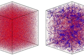 These images from a computer simulation show nonmotile cells in turbulence in the cube on the left and motile cells at right.