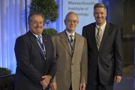 From left: Dow Chemical CEO Andrew Liveris with MIT President L. Rafael Reif and Acting Deputy Secretary of Commerce Patrick D. Gallagher at MIT&#39;s Production in the Innovation Economy (PIE) Conference held on Sept. 20.