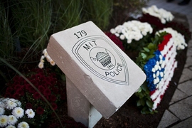 The new memorial stone &#8212; which sat atop MIT&#39;s Great Dome prior to its recent restoration &#8212; bears an engraving of the MIT police badge and &#34;179,&#34; Officer Sean Collier&#39;s badge number.