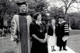 On May 10, 1991, the day of Charles M. Vest's inauguration as MIT's 15th president, Charles and Rebecca Vest look ahead to their life at MIT. In the background are MIT's 14th president, Paul E. Gray, and his wife, Priscilla.