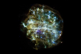 The Chandra X-Ray Observatory captured this image of G292.0+1.8, a young, oxygen-rich supernova remnant with a pulsar at its center surrounded by outflowing material. The image shows a rapidly expanding shell of gas that is 36 light-years across and contains such elements as oxygen, neon, magnesium, silicon, and sulfur. 