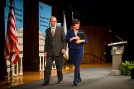 Jarrett with MIT President Rafael Reif at the Karl Taylor Compton Lecture. 