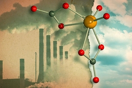 This illustration features a new catalyst developed at MIT which consists of a molybdenum atom (yellow) bound to four oxygen atoms (red). This complex, known as molybdate, binds two molecules of carbon dioxide (carbon atoms are gray), which can later be released to create organic compounds. 
