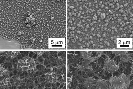 Scanning electron microscope images show the particles of Ni3(HITP)2 material at various levels of magnification. While the material in this study was in the form of nanoparticles, the analysis show that these particles are actually formed of collections of two-dimensional flakes.
