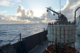 Scientists on an oceanographic research ship lower a rosette of 24 bottles into the ocean to capture samples of wild microbes in their natural habitat.