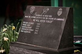 MIT Police officer Sean Collier's name has been added to a memorial to Cambridge Police officers who lost their lives in the line of duty, Cambridge Mayor David Maher said at Friday's tribute ceremony.