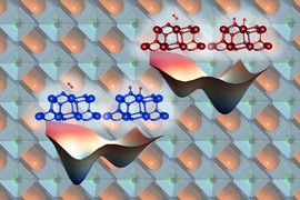 In this illustration, the background shows a perovskite oxide structure, an example of the kinds of oxides Bilge Yildiz studies. By straining this material (as illustrated in the right-hand foreground image), the energy barrier to surface reactions is reduced. These energy barriers are shown by the three-dimensional graphs in the foreground images.