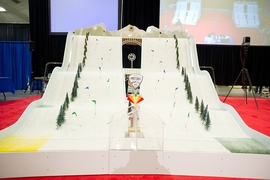 The playing field for this year's 2.007 robotics class competition was based on the Winter Olympics. Contestants each started in one of the colored squares at the base of the slopes, in head-to-head matchups.