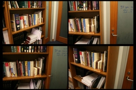 Four views of box on a bookshelf, with a printed camouflage pattern wrapped around it. Note how, from some perspectives, the spine of a book on the shelf appears to fork.