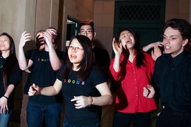 Esther Jang rehearses with the MIT-Wellesley a cappella group, Toons. 