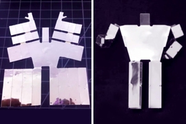 Before-and-after stills from the video "An End-to-End Approach to Making Self-Folded 3D Surface Shapes by Uniform Heating." The left image shows the self-folding sheet for a humanoid shape, while the right image shows the completed self-folded humanoid shape.