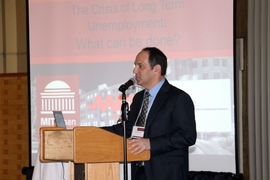 MIT professor Ofer Sharone speaks at a conference, "The Crisis of Long-Term Unemployment," on May 6 at MIT.
