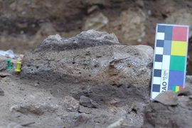 A field photograph at El Salt excavation site shows rock layers from which human fecal remains were found.
