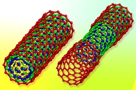 This iIllustration shows how researchers tested the characteristics of multi-walled boron nitride nanotubes, which consist of several nested tubes that are each just one atom thick. When attached to a device that can pull apart the tube from its two ends, the outer tube cracks, allowing the concentric tubes to separate. Measuring the force required to pull the ends apart reveals the amount of fric...