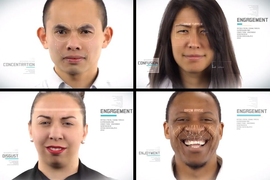 Screenshots from a video from Affectiva shows how the Affdex software tracks facial cues to infer emotions. At top left, a fixed stare signals concentration; at top right, a furrowed brow signals confusion; at bottom right, a raised brow signals enjoyment; and at bottom left, a wrinkled nose bridge may signal disgust. 