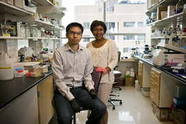 MIT professor Paula Hammond (right) and Bryan Hsu PhD' 14 have developed a nanoscale film that can be used to deliver medication, either directly through injections, or by coating implantable medical devices.