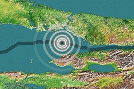 This map of Turkey shows the artists' interpretation of the North Anatolian Fault (blue line) and the possible site of an earthquake (white lines) that could strike beneath the Sea of Marmara.