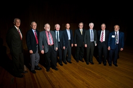 Wednesday’s Apollo panel discussion featured, from left to right: Jeff Hoffman, Charles Duke, Philip Chapman, Vance Brand, Michael Collins, Karol "Bo" Bobko, Rusty Schweickart, Laurence Young, and Buzz Aldrin.