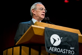 MIT President L. Rafael Reif addresses the crowd on the third day of the MIT AeroAstro Centennial Symposium.