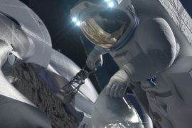 This concept image shows an astronaut retrieving a sample from the captured asteroid.