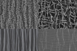 To form the crumpled graphene, a sheet of polymer material is stretched in both dimensions, then graphene paper is bonded to it. When the polymer is released in one direction, the graphene forms pleats, as shown in the bottom left image, taken with a scanning electron microscope (SEM). Then, when released in the other direction, it forms a chaotic crumpled pattern (top left). At top right, an SEM ...