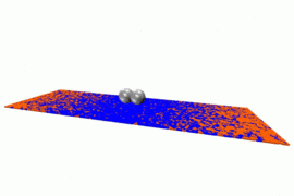 This animation shows micro walkers tumbling across a surface, under the influence of a rotating magnetic field, until they find areas where friction is highest (represented by the orange area). 