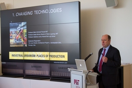 MIT Provost Marty Schmidt speaks at the Industrial Urbanism Symposium on Oct. 27.