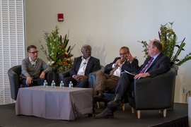 (Left to right): Tim Love, founding principal of Utile; Calestous Juma; Sanjay Sarma, director of digital learning at MIT; and Marty Schmidt.