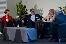 (Left to right): Amy Glasmeier; Neil McCullagh, executive director of the American City Coalition; Elisabeth Reynolds, executive director of the MIT Industrial Performance Center; and Dennis Frenchman, the Leventhal Professor of Urban Design and Planning.
