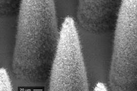 An electrospray emitter, which is covered by a conformal forest of carbon nanotubes. 
