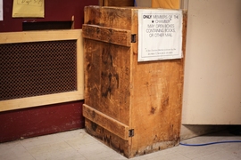 The wooden box that originally housed the MITSFS library in 1949. The box was originally passed from room to room. Now, it has become a time capsule. There’s only one problem, McKnight says: “Nobody knows when it’s supposed to be opened.”