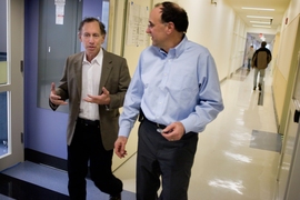 Longtime collaborators, Institute Professor Robert Langer (left) and Cima, co-founded Taris Biomedical to commercialize the controlled-delivery devices.  