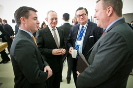 (Left to right) Israel Ruiz, MIT executive vice president and treasurer; MIT President L. Rafael Reif; Bob Reynolds, CEO of Putnum Investments; and Scott Blackmun, CEO of the United States Olympic Committee (USOC).