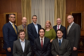 (Back row, left to right) Vanu Bose, ’87, SM ’94, PhD ’99, son of Amar Bose; Earl Miller, the Picower Professor of Neuroscience; Jeff Grossman, an associate professor of materials science and engineering; Janet Conrad, a professor of physics; Alan Oppenheim, the Ford Professor of Engineering; and President L. Rafael Reif; and (front row, left to right) Joel Voldman, a professor of electrical...